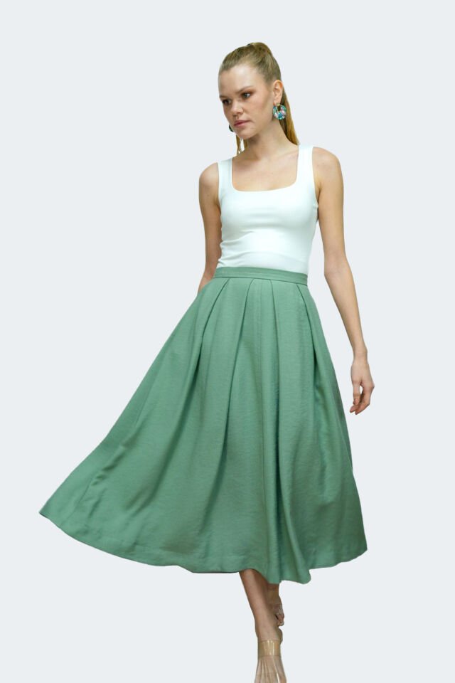 Yuka Pileli Gabardin Yeşil Etek